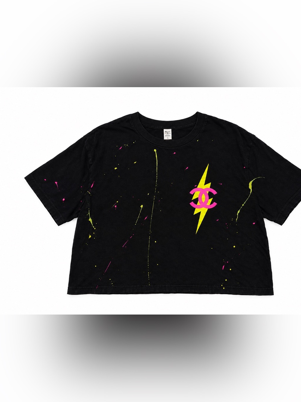 Crop Top Black Graphic Tee with Neon Lightning Logo